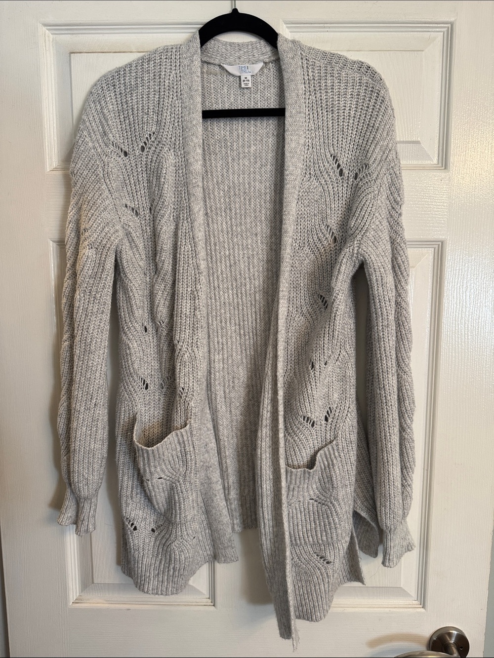 Time and Tru Light Gray Open-Front Knit Cardigan with Pockets